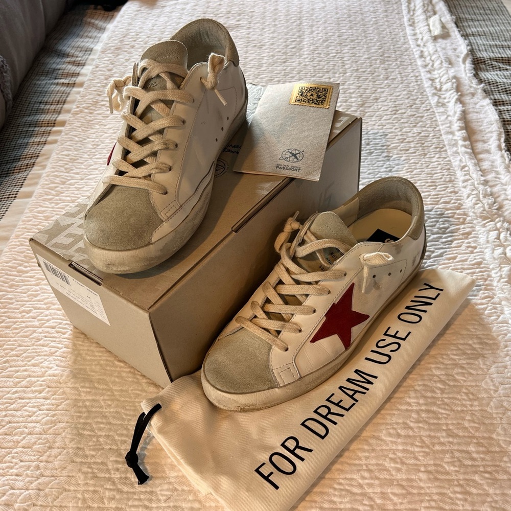 Golden Goose sneakers. White and red with gray distressed.